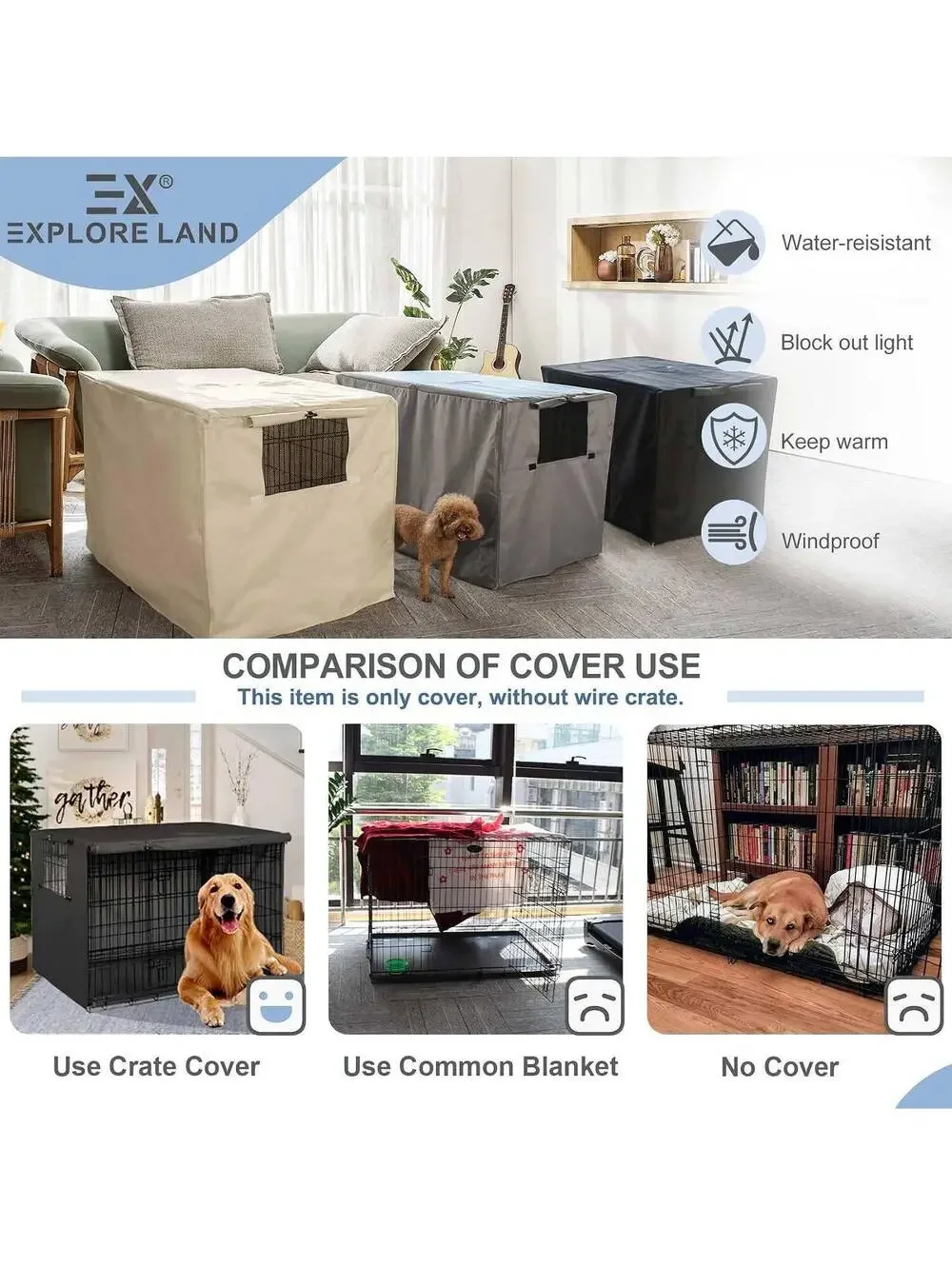 Dog Crate Cover - 48 Inch, Black Oxford Cloth, Windproof, Breathable